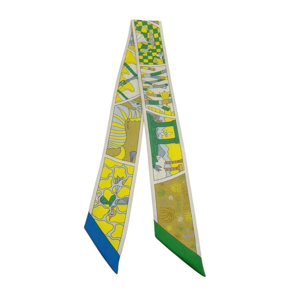 Hermes Silk Twilly With Yellow And Green Accents